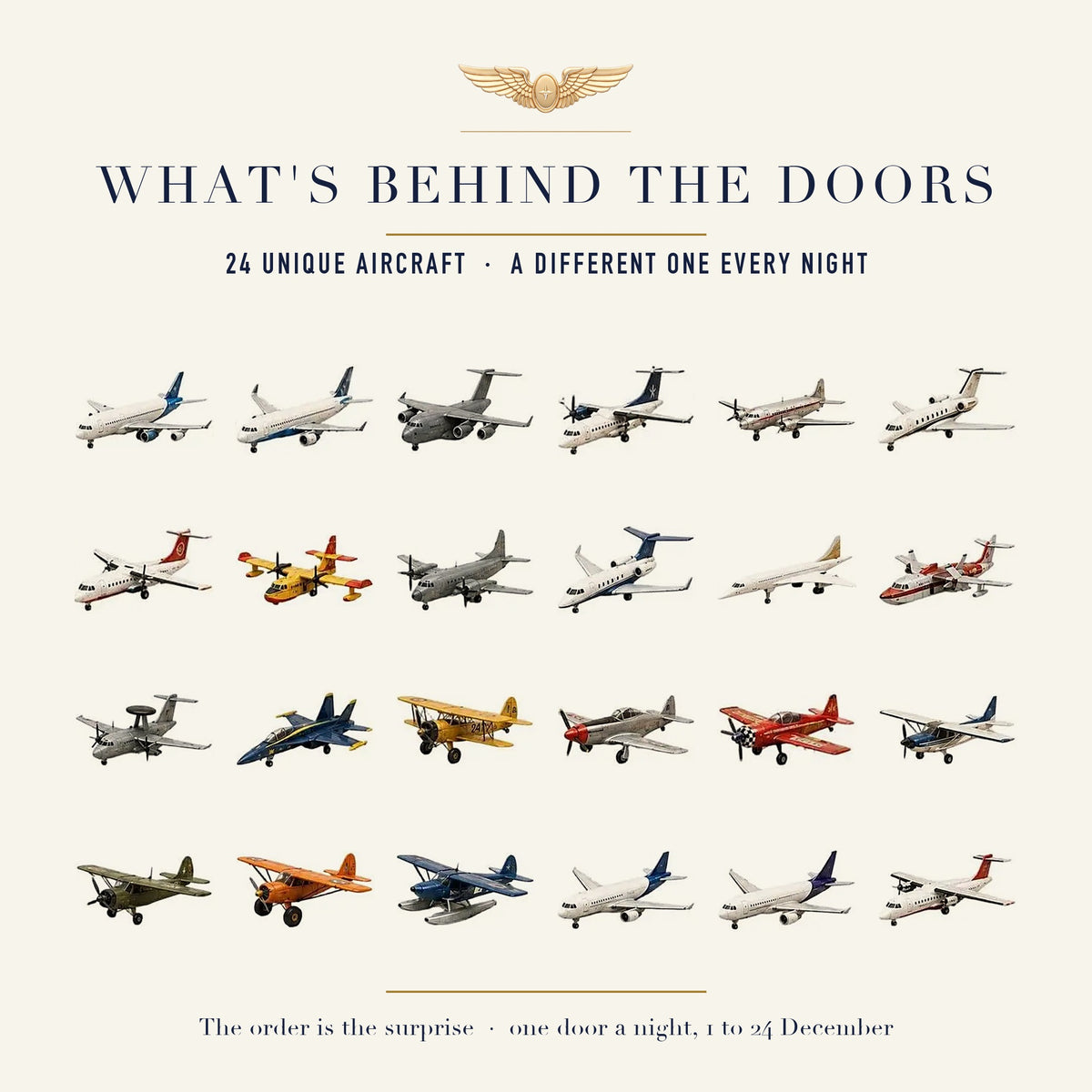 The 24 different mini aircraft behind the doors: airliners, cargo planes, propliners, a seaplane, biplanes and vintage fighters