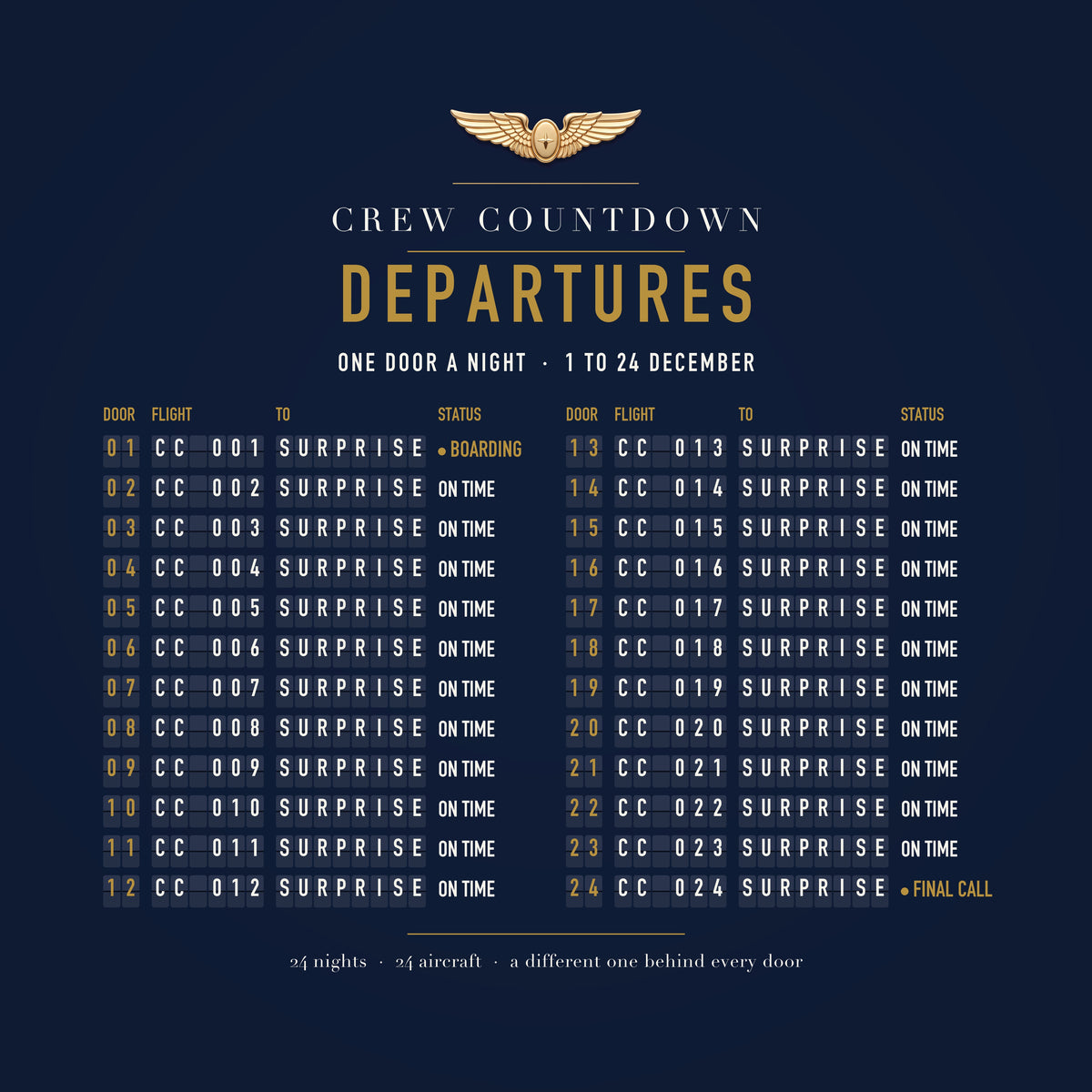 Departures board: 24 doors, flights CC 001 to CC 024, one door a night from 1 to 24 December